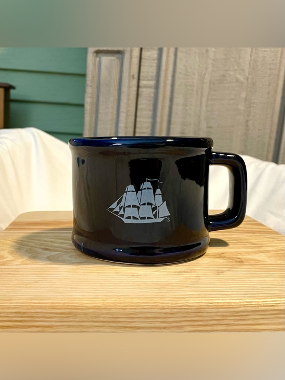 *EUC* 1985 Old Spice/Shulton Shaving Mug - Blue Ceramic - White Ship Logo-Heavy